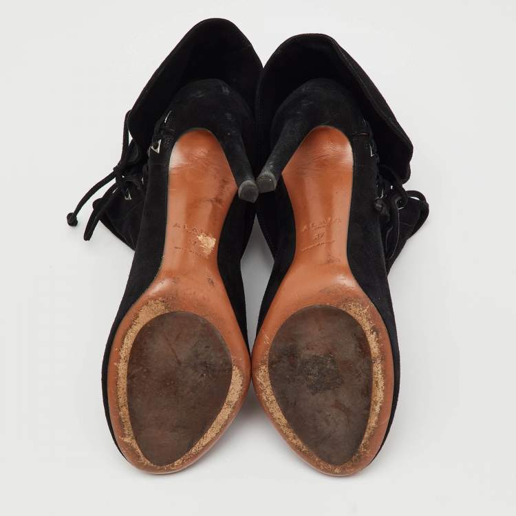 مملوكة مسبقًا Alaia Black Suede Ankle Cuff Side Lace Up Boots Size 37