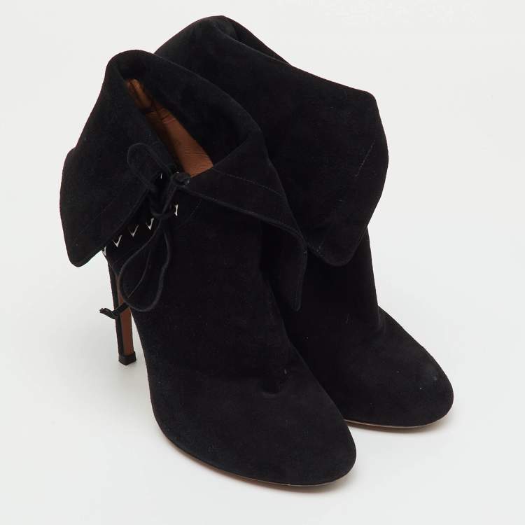 مملوكة مسبقًا Alaia Black Suede Ankle Cuff Side Lace Up Boots Size 37