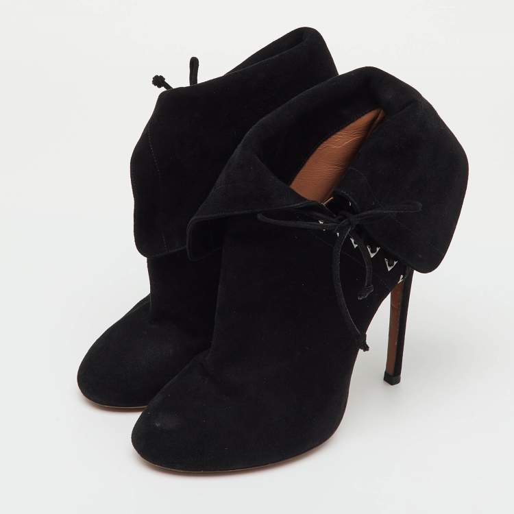 مملوكة مسبقًا Alaia Black Suede Ankle Cuff Side Lace Up Boots Size 37
