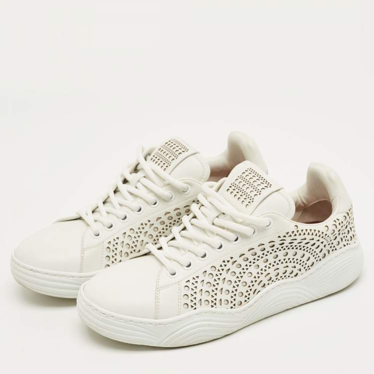 Pre Owned Alaia White Leather Vienne Laser Cut Out Low Top Sneakers Size 37