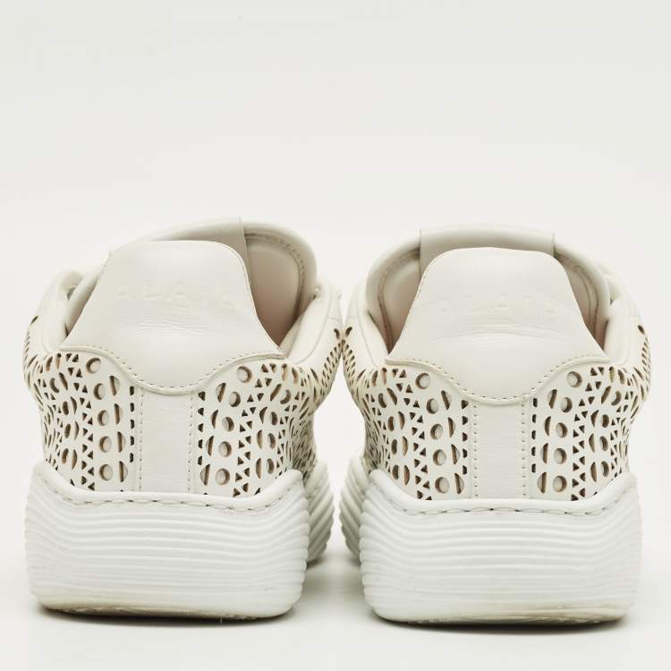 Pre Owned Alaia White Leather Vienne Laser Cut Out Low Top Sneakers Size 37