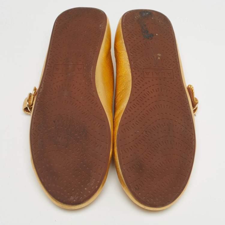Pre Owned Alaia Gold Leather Mary Jane Ballet Flats Size 39