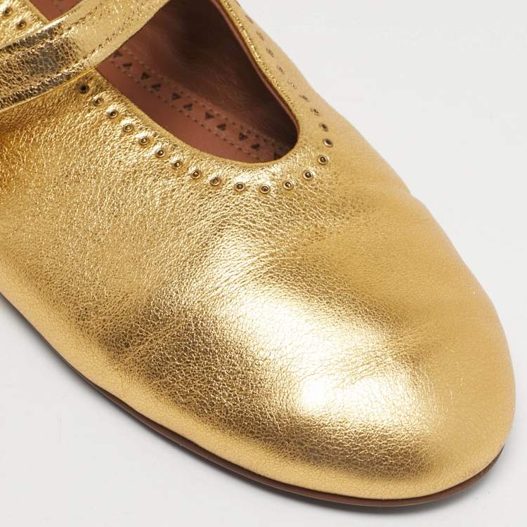 Pre Owned Alaia Gold Leather Mary Jane Ballet Flats Size 39