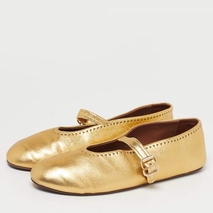 Pre Owned Alaia Gold Leather Mary Jane Ballet Flats Size 39