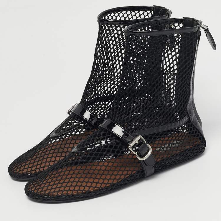Pre Owned Alaia Black Net and Patent Leather Ankle Length Boots Size 39