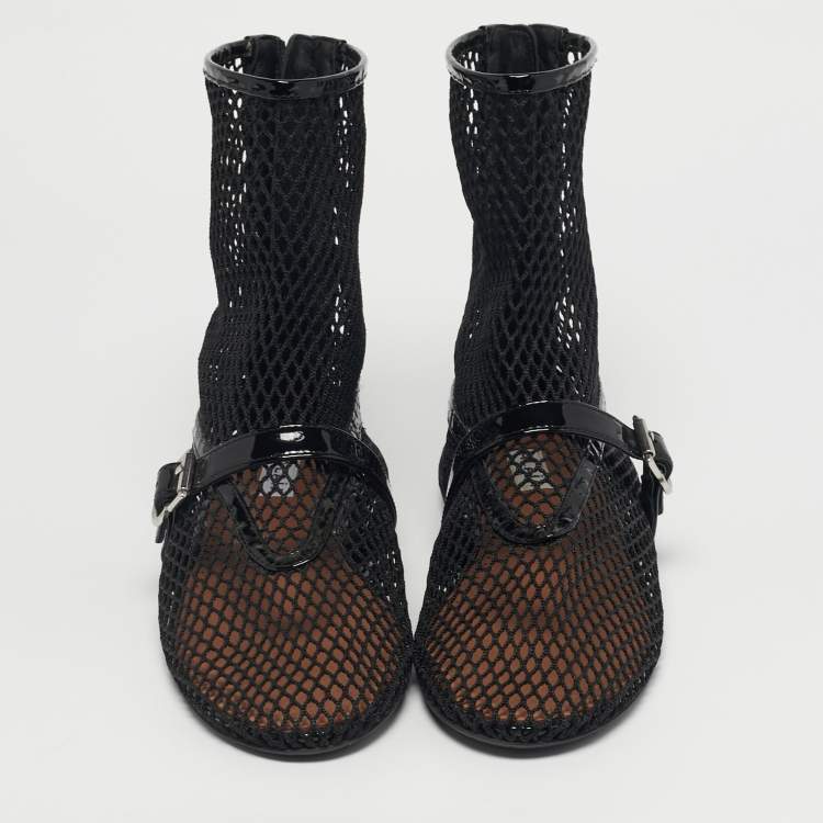 Pre Owned Alaia Black Net and Patent Leather Ankle Length Boots Size 39
