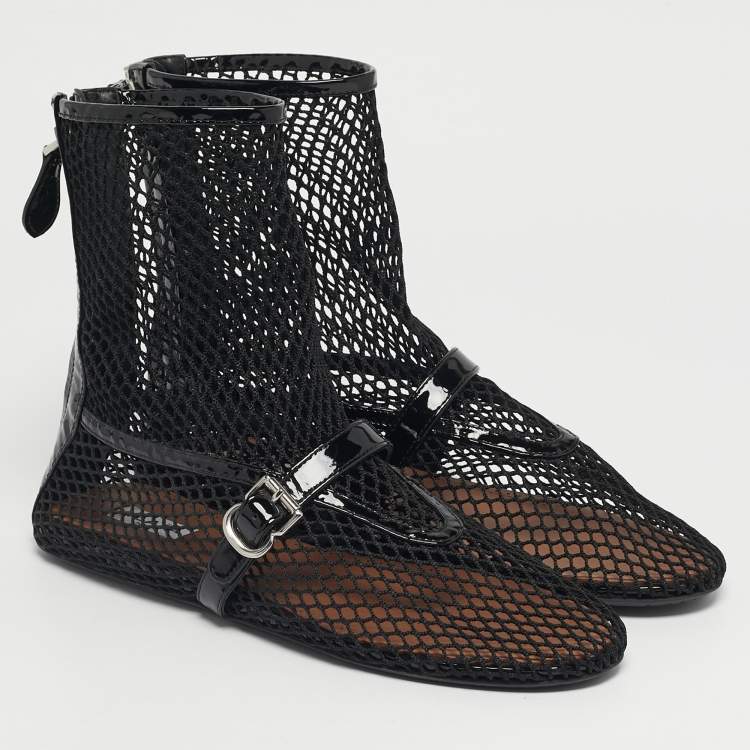 Pre Owned Alaia Black Net and Patent Leather Ankle Length Boots Size 39