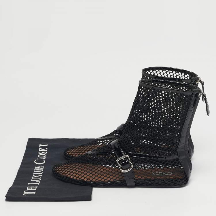 Pre Owned Alaia Black Net and Patent Leather Ankle Length Boots Size 39