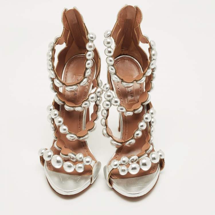 Pre Owned Alaia Silver Leather Bombe Stappy Sandals Size 39.5