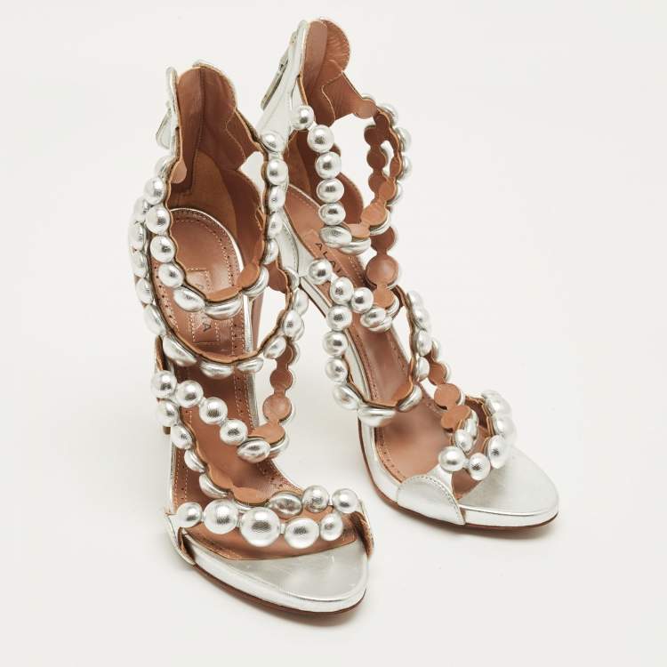 Pre Owned Alaia Silver Leather Bombe Stappy Sandals Size 39.5