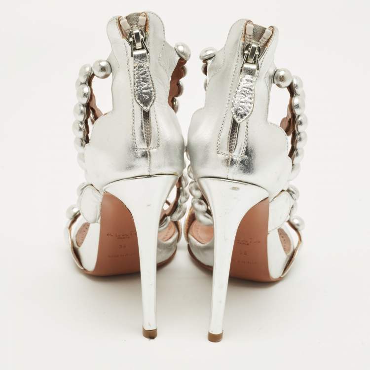 Pre Owned Alaia Silver Leather Bombe Stappy Sandals Size 39.5