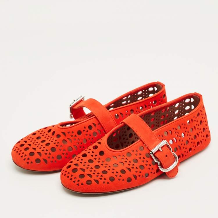 Pre Owned Alaia Red Suede Mary Jane Ballet Flats Size 37
