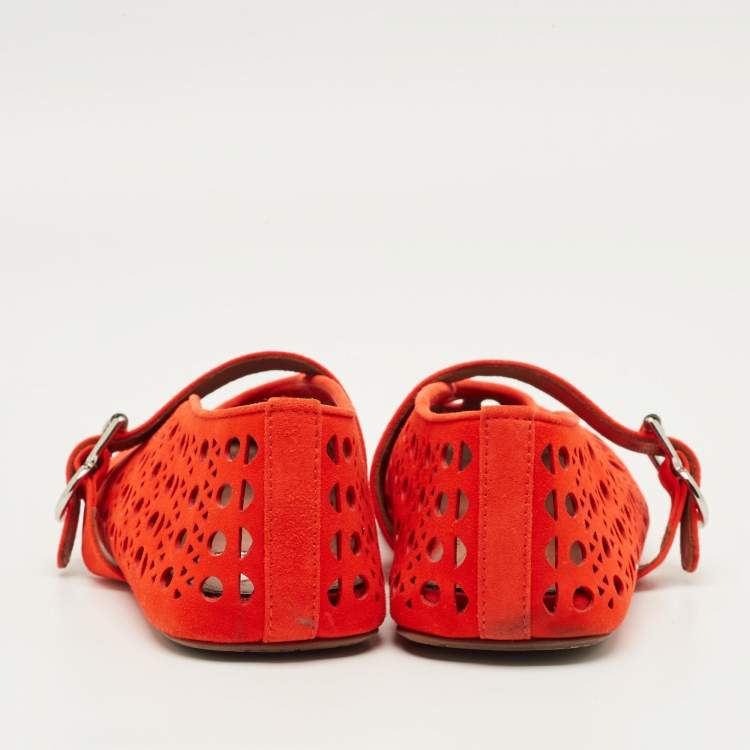 Pre Owned Alaia Red Suede Mary Jane Ballet Flats Size 37