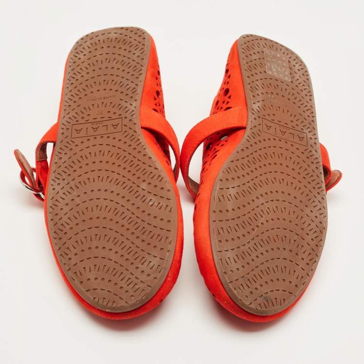 Pre Owned Alaia Red Suede Mary Jane Ballet Flats Size 37