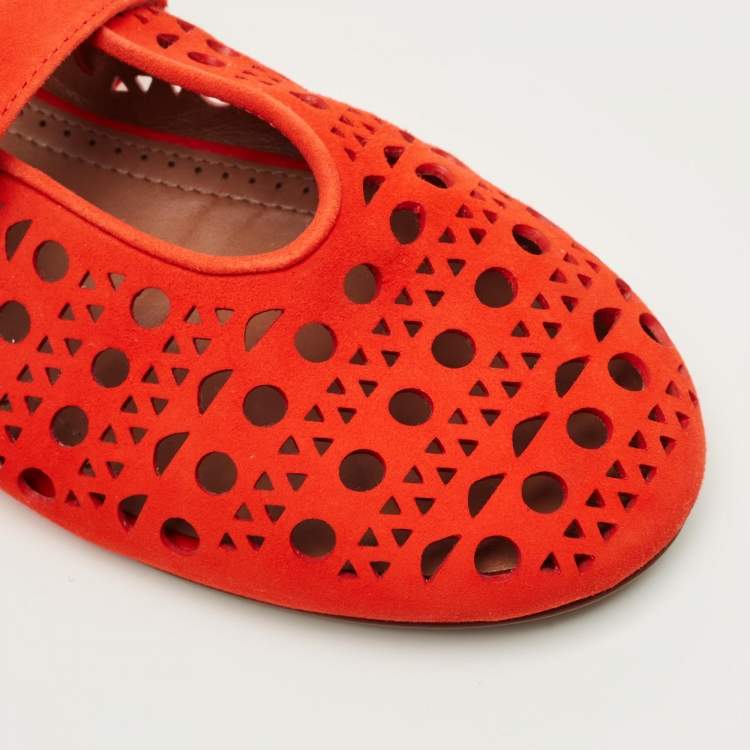 Pre Owned Alaia Red Suede Mary Jane Ballet Flats Size 37