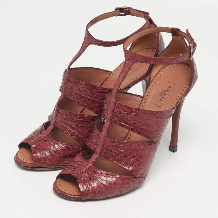 Pre Owned Alaia Size 38 Burgundy Python Leather Gladiator Sandals