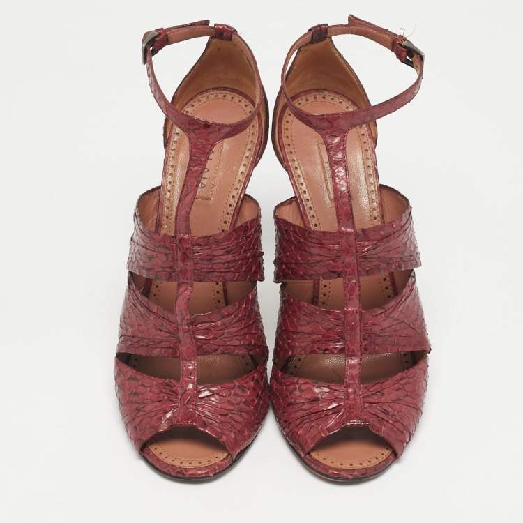 Pre Owned Alaia Size 38 Burgundy Python Leather Gladiator Sandals