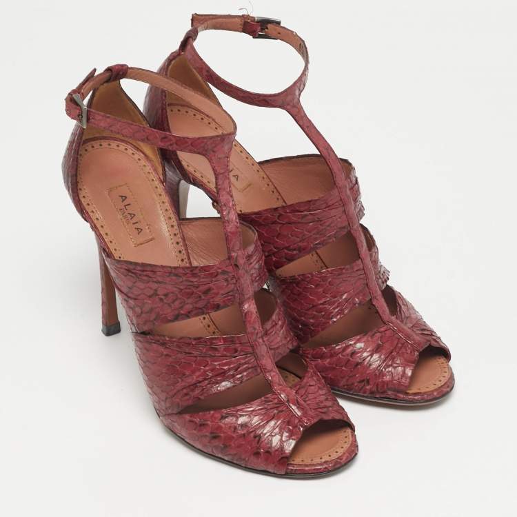 Pre Owned Alaia Size 38 Burgundy Python Leather Gladiator Sandals