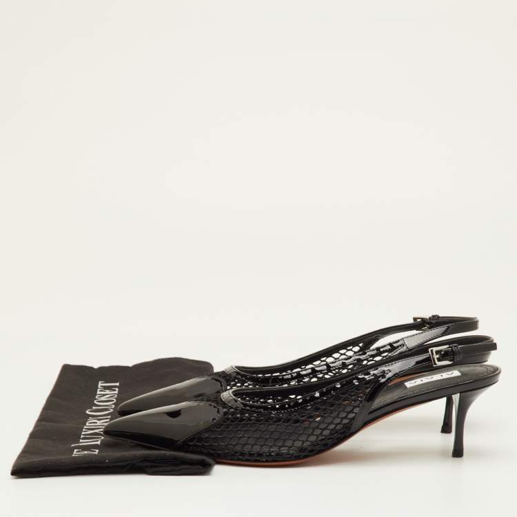 Pre Owned Alaia Size 40 Black Mesh and Patent Leather Pointed Toe Slingback Pumps