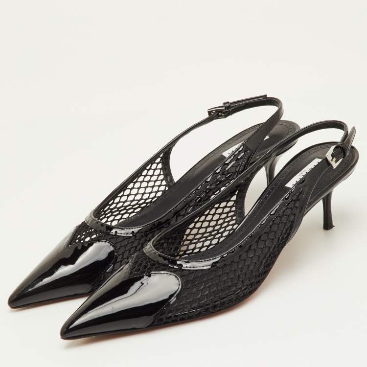 Pre Owned Alaia Size 40 Black Mesh and Patent Leather Pointed Toe Slingback Pumps