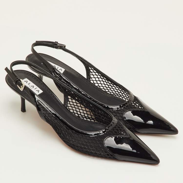 Pre Owned Alaia Size 40 Black Mesh and Patent Leather Pointed Toe Slingback Pumps