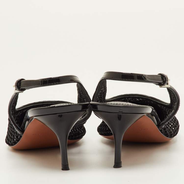 Pre Owned Alaia Size 40 Black Mesh and Patent Leather Pointed Toe Slingback Pumps