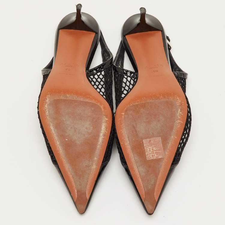 Pre Owned Alaia Size 40 Black Mesh and Patent Leather Pointed Toe Slingback Pumps