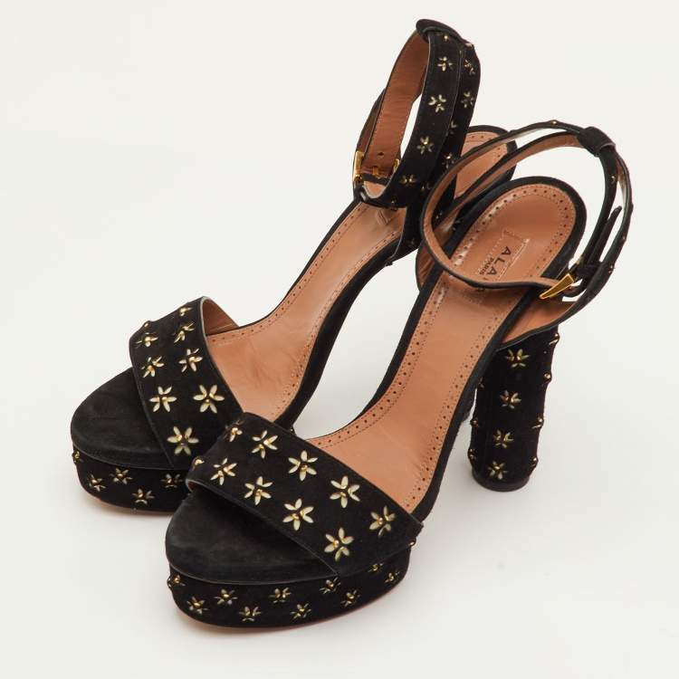 Pre Owned Alaia Studded Flower Size 40 Black Suede Platform Ankle Strap Sandals