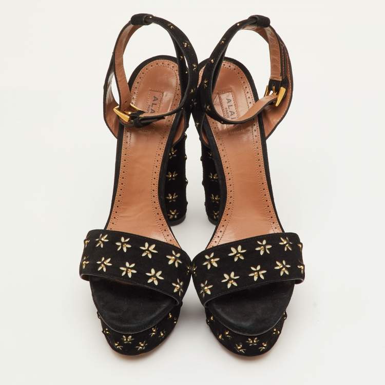 Pre Owned Alaia Studded Flower Size 40 Black Suede Platform Ankle Strap Sandals
