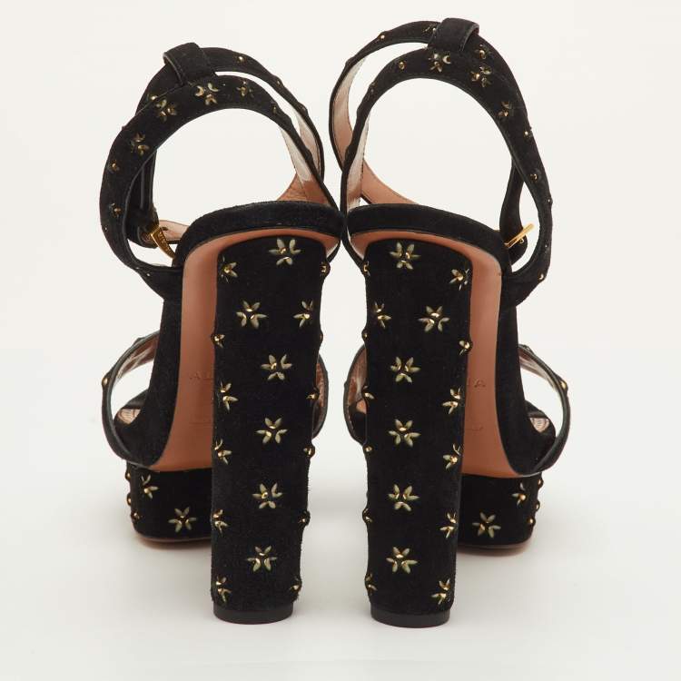 Pre Owned Alaia Studded Flower Size 40 Black Suede Platform Ankle Strap Sandals