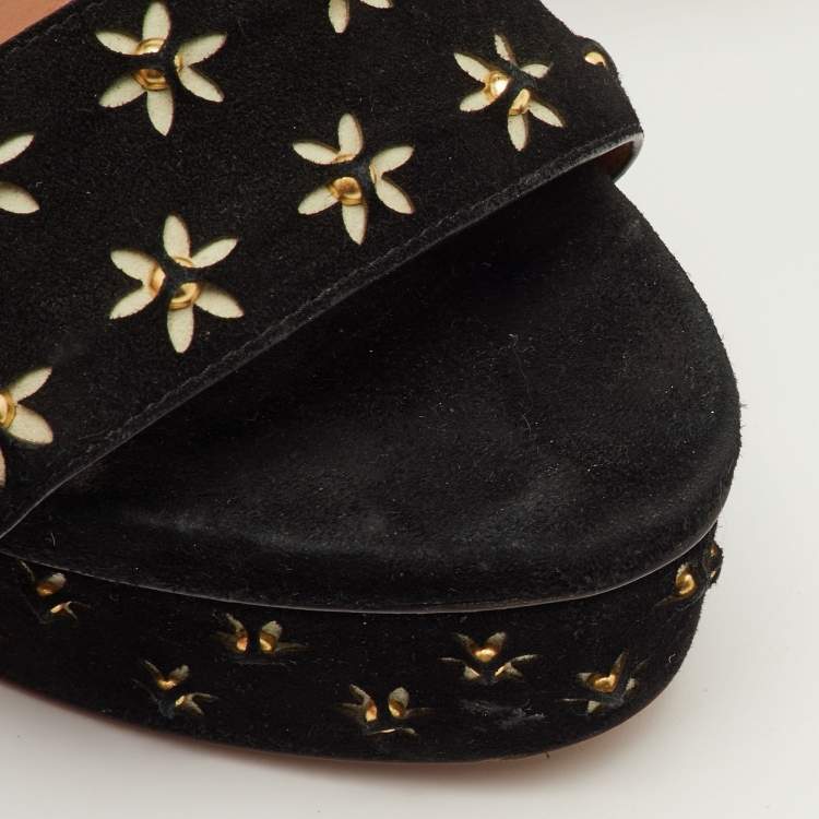 Pre Owned Alaia Studded Flower Size 40 Black Suede Platform Ankle Strap Sandals