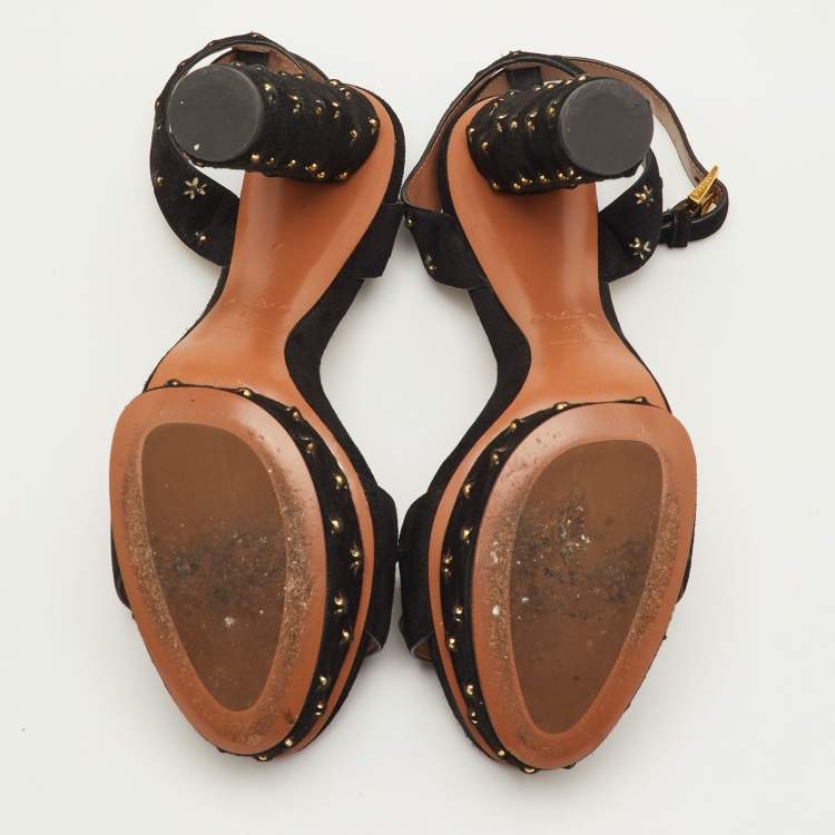 Pre Owned Alaia Studded Flower Size 40 Black Suede Platform Ankle Strap Sandals