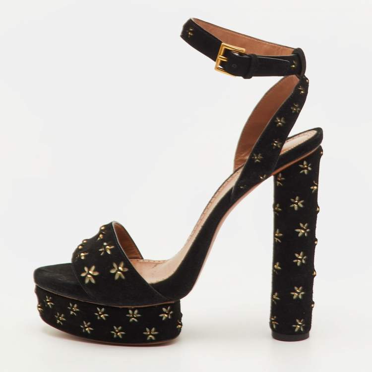 Pre Owned Alaia Studded Flower Size 40 Black Suede Platform Ankle Strap Sandals