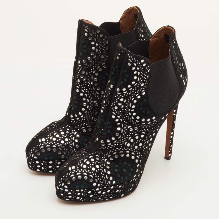 Pre Owned Alaia Lasercut Size 40 Black/Silver Suede Platform Ankle Length Boots