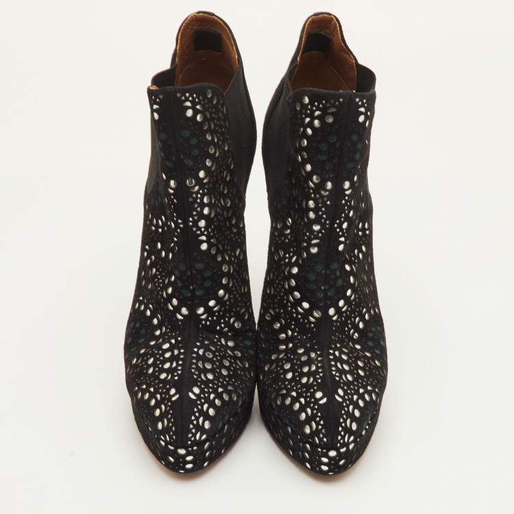 Pre Owned Alaia Lasercut Size 40 Black/Silver Suede Platform Ankle Length Boots