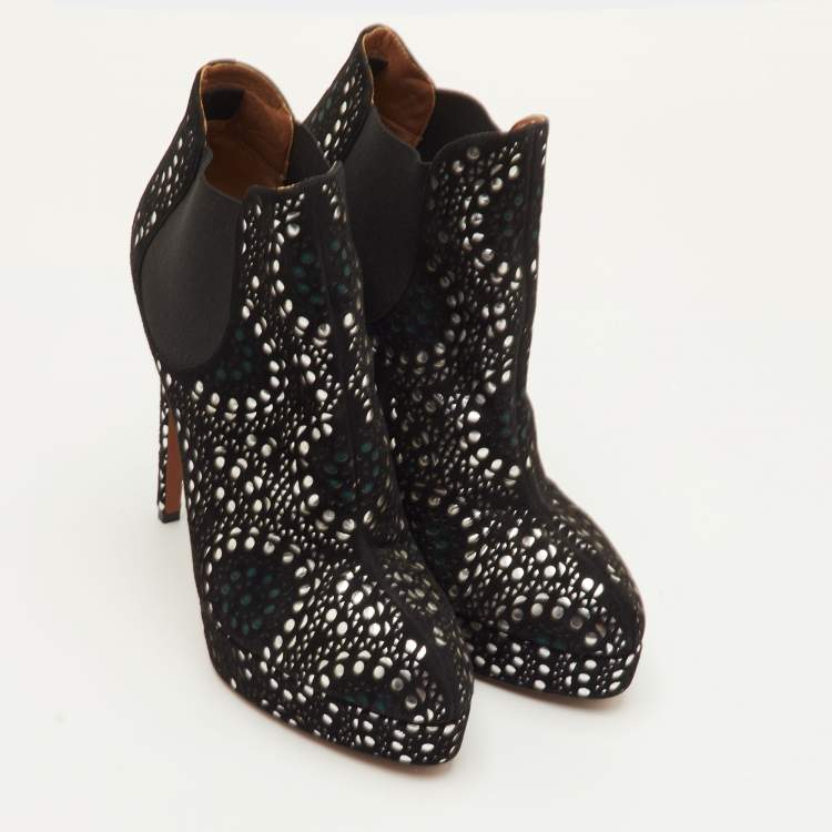 Pre Owned Alaia Lasercut Size 40 Black/Silver Suede Platform Ankle Length Boots
