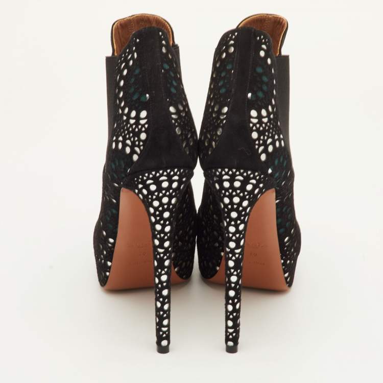 Pre Owned Alaia Lasercut Size 40 Black/Silver Suede Platform Ankle Length Boots