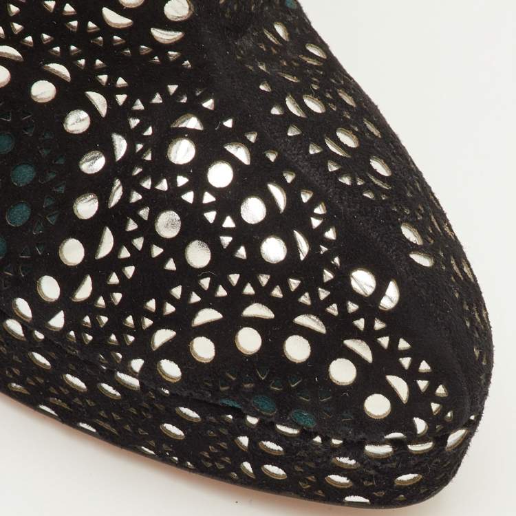 Pre Owned Alaia Lasercut Size 40 Black/Silver Suede Platform Ankle Length Boots