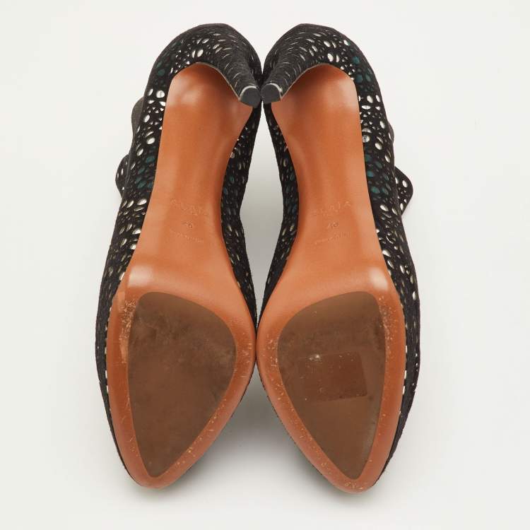 Pre Owned Alaia Lasercut Size 40 Black/Silver Suede Platform Ankle Length Boots