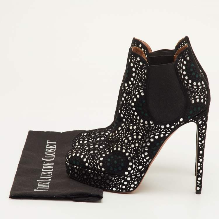 Pre Owned Alaia Lasercut Size 40 Black/Silver Suede Platform Ankle Length Boots