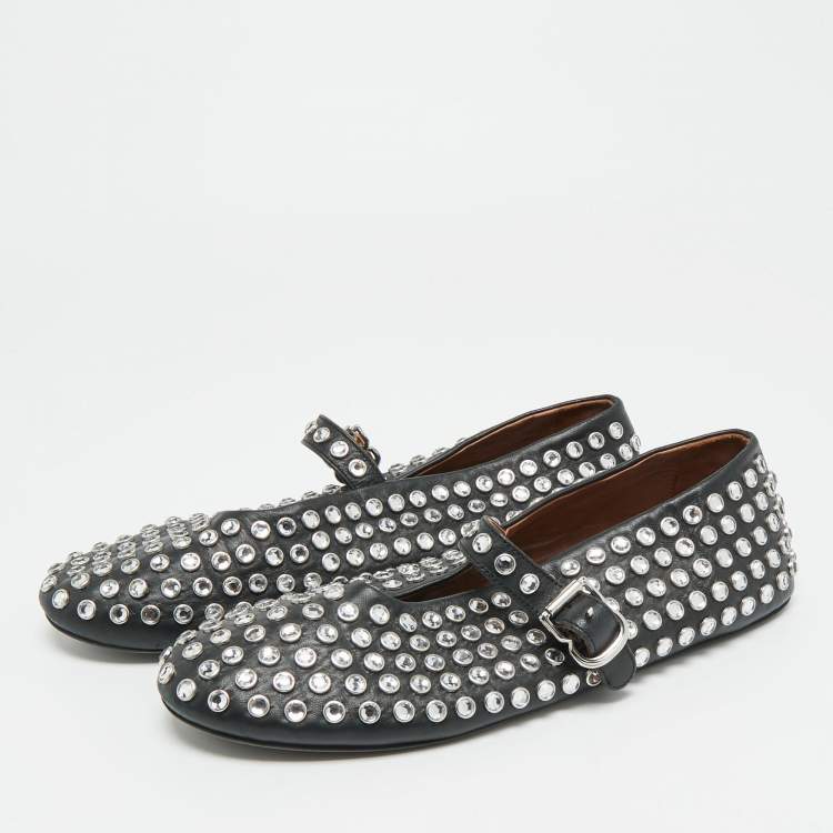 Pre Owned Alaia Size 40 Black Leather Crystal Embellished Mary Jane Ballet Flats