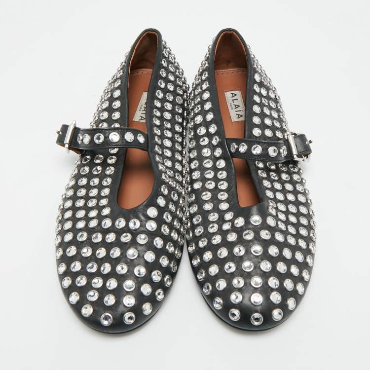 Pre Owned Alaia Size 40 Black Leather Crystal Embellished Mary Jane Ballet Flats