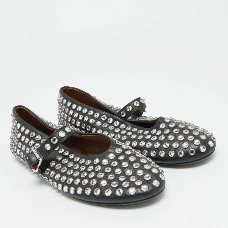 Pre Owned Alaia Size 40 Black Leather Crystal Embellished Mary Jane Ballet Flats