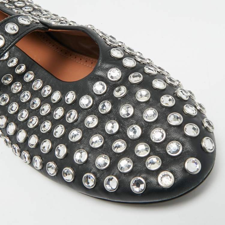 Pre Owned Alaia Size 40 Black Leather Crystal Embellished Mary Jane Ballet Flats