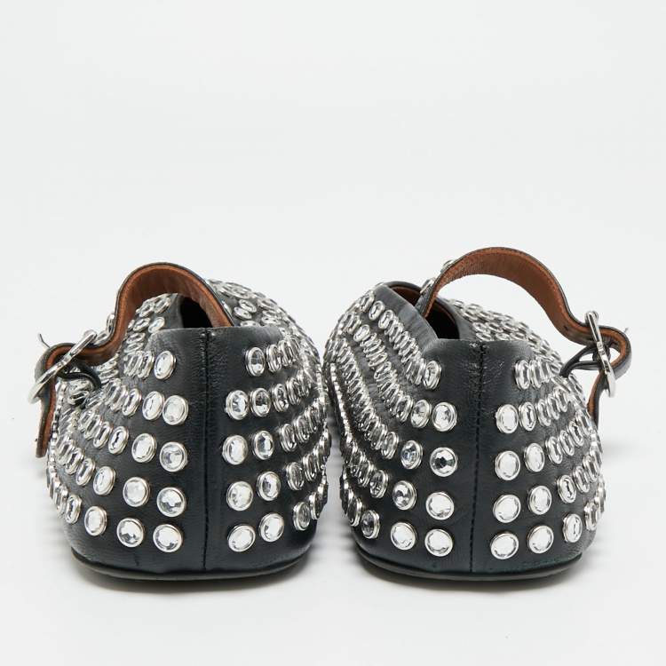 Pre Owned Alaia Size 40 Black Leather Crystal Embellished Mary Jane Ballet Flats