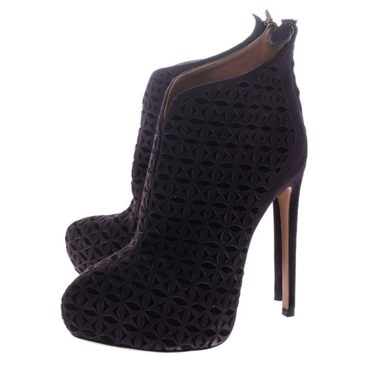 Pre Owned Alaia Two Tone Laser Cut Suede Platform Booties Size 36.5