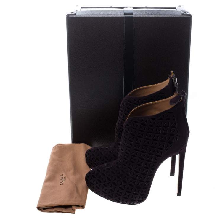 Pre Owned Alaia Two Tone Laser Cut Suede Platform Booties Size 36.5