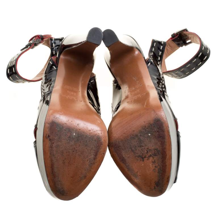 Pre Owned Alaia Black Patent Leather Criss Cross Ankle Strap Platform Sandals Size 38.5