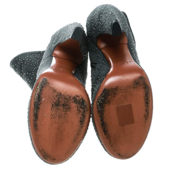Pre Owned Alaia Grey Suede Studs Embellished Ankle Boots Size 37