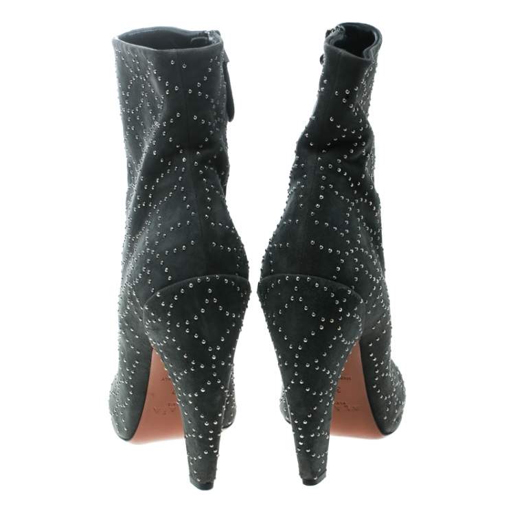 Pre Owned Alaia Grey Suede Studs Embellished Ankle Boots Size 37